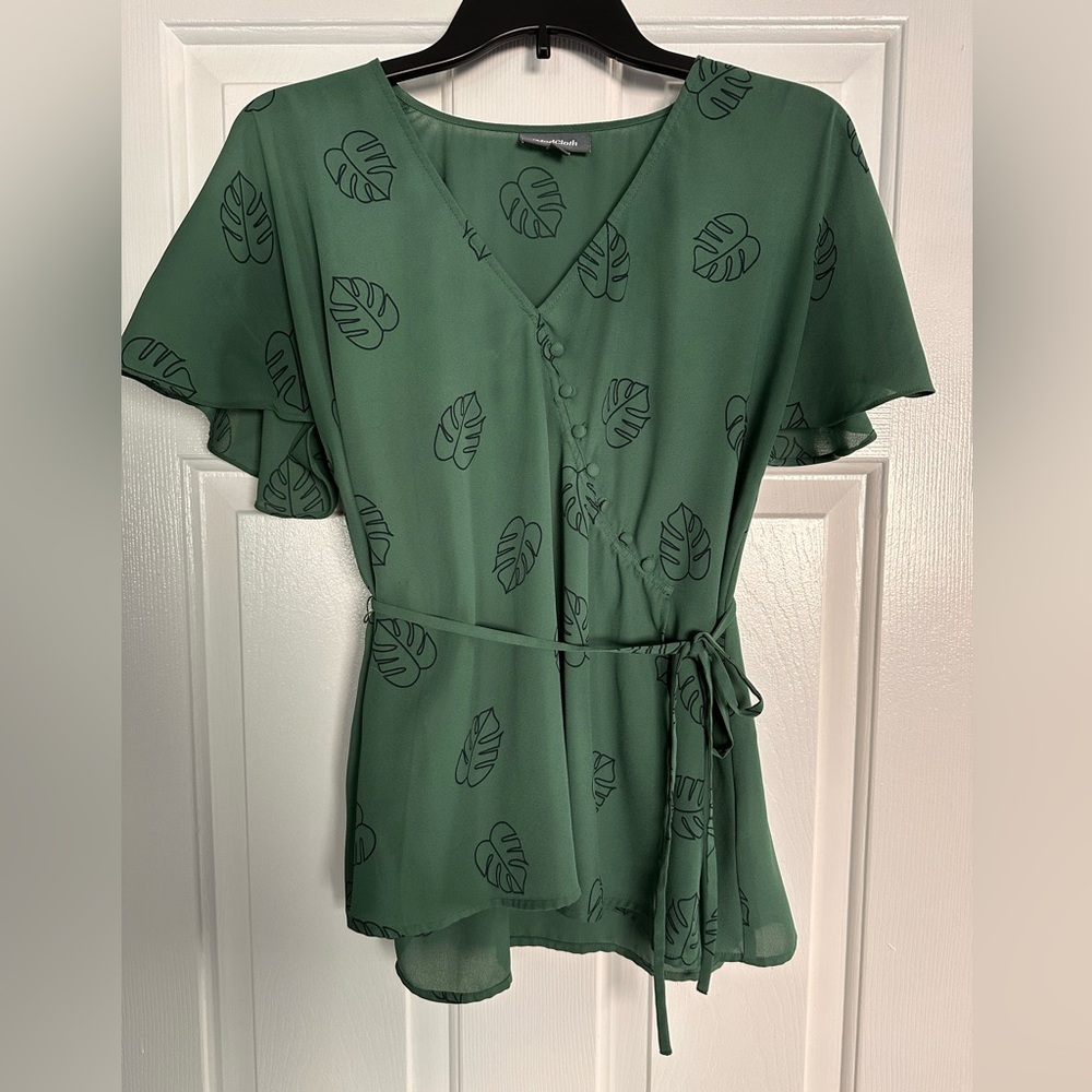 Modcloth Womens Green Palm Leaf V Neck Flutter Sleeve Back Tie Blouse Top Small